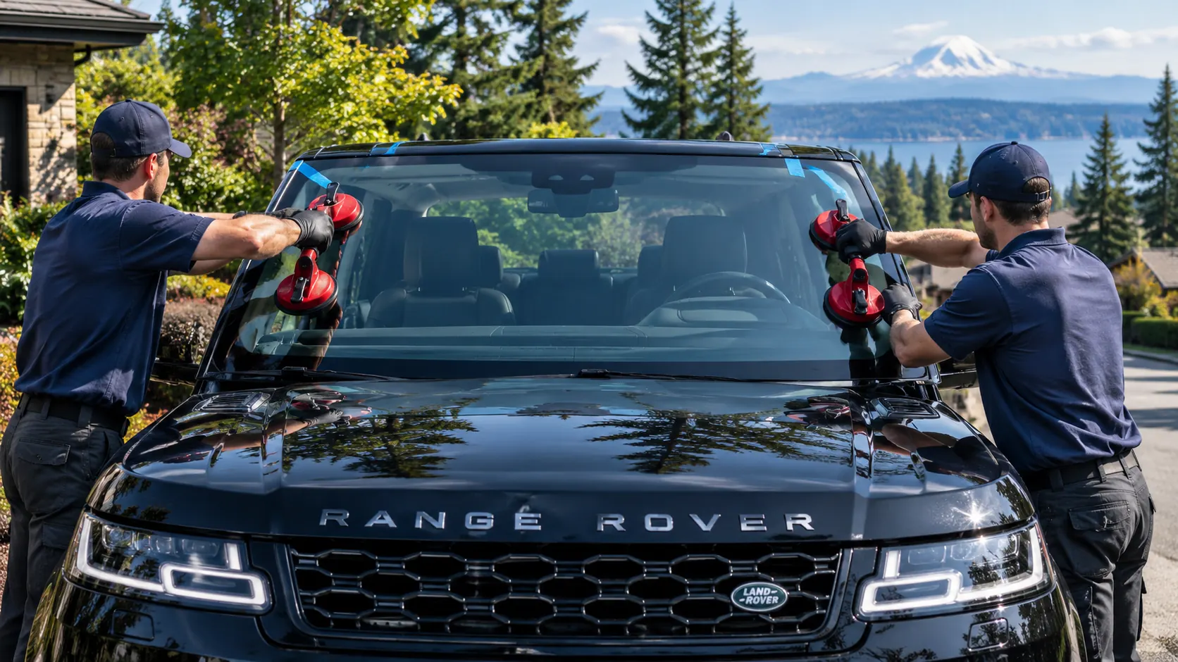 Two technicians using red suction cups to set a new windshield on a black Range Rover in a driveway
